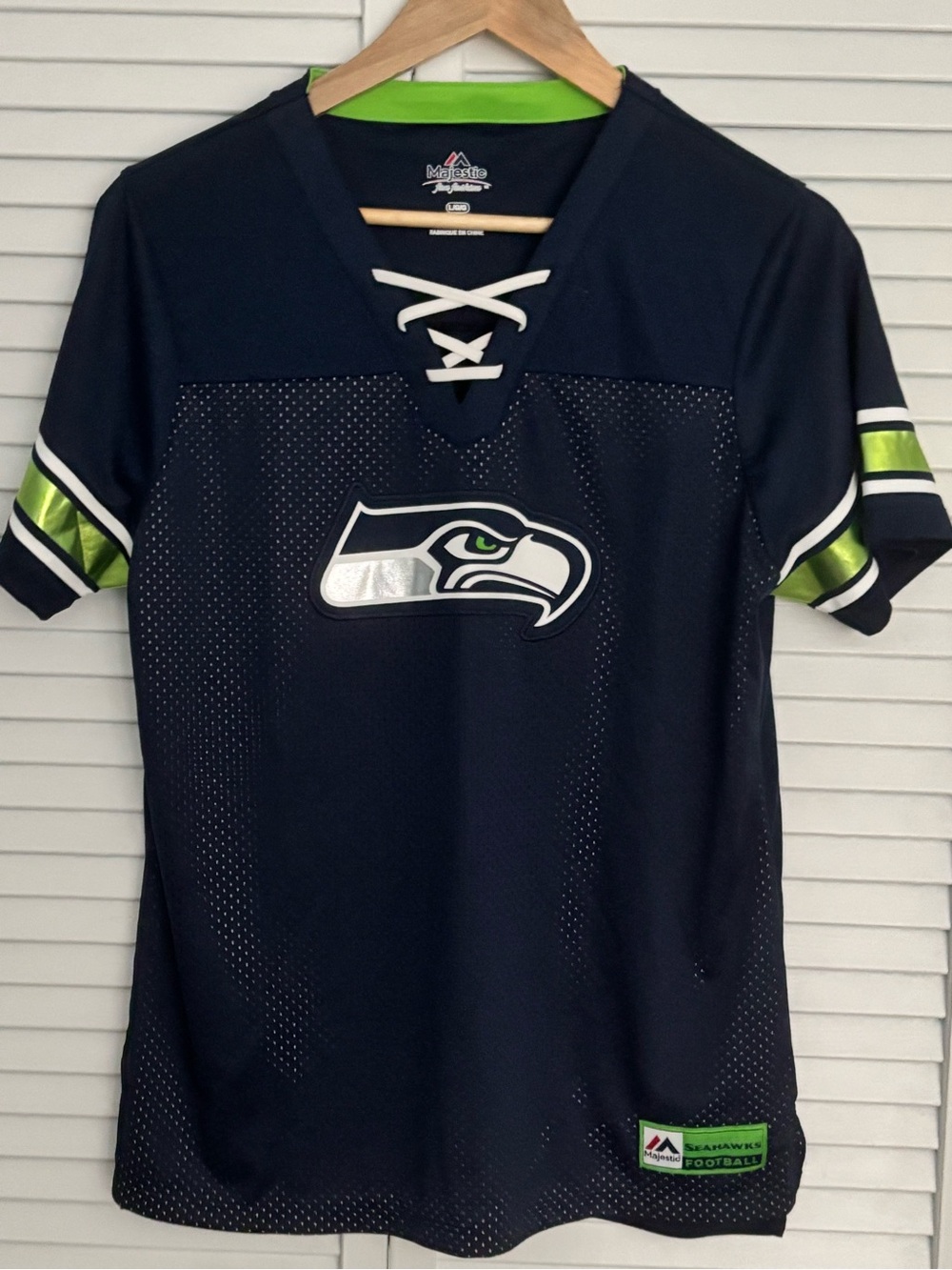 Like new, Majestic Seattle Seahawks Women's Navy Lace-Up Jersey, Size Large